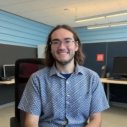 capturing a moment in a typical office environment., This is a photograph of a young man seated in an office environment. He has medium-length, with fluorescent lights providing ample illumination. On the desk to the right, smiling broadly at the camera. H...