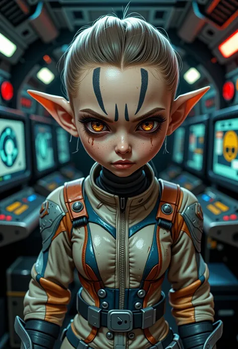 cute alien girl engineer, long ears, (big evil eyes) , stripes, cute , close up, half closed eyes, wearing futuristic jumpsuit, dirty skin, skinny, engine room of a spaceship, detailed background, looking at viewer, sweating, holographic terminals,