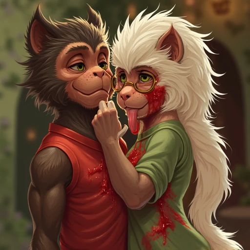 a young anthropomorphic monkey-like character with a human-like face, facial, viscous liquid, and a prominent, white fur, a green top is visible., The image is a digital illustration featuring anthropomorphic characters in a sexually explicit scene. The ce...