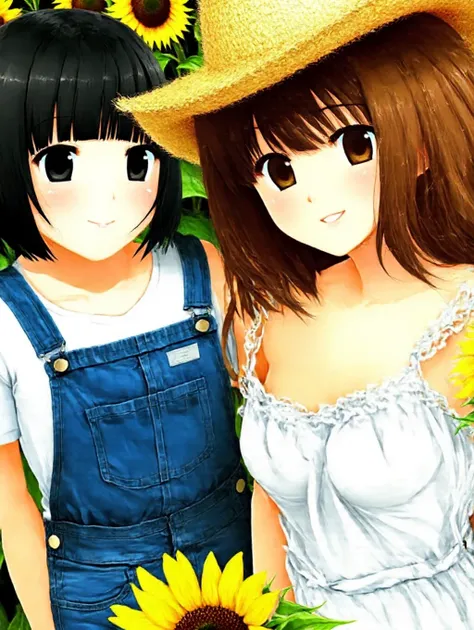 2girls, one is bob cut, black hair, black eyes, blunt bangs,  overalls, t-shirt,  small breasts,   another is brown hair, long hair, brown eyes, hair between eyes, white sundress,  bare shoulders,  large breasts, straw hat,  best quality, masterpiece, smil...