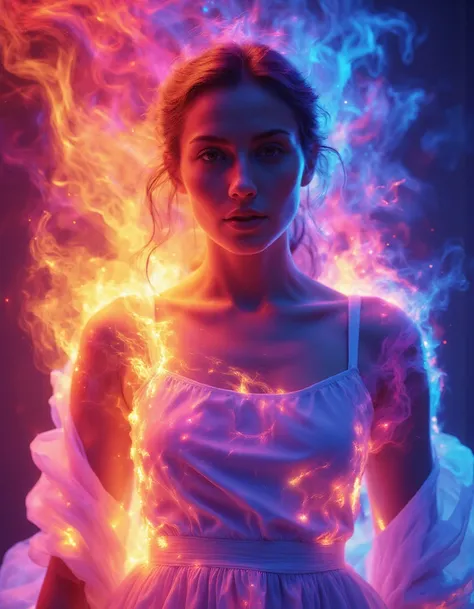 <lora:aura_captioned_flux-000015:1>,Professional studio portrait of a woman with serene features, covered in vibrant, photorealistic flames in rainbow colors. The flames across her body, creating an intense aura. She wears a simple white dress, her hair ge...