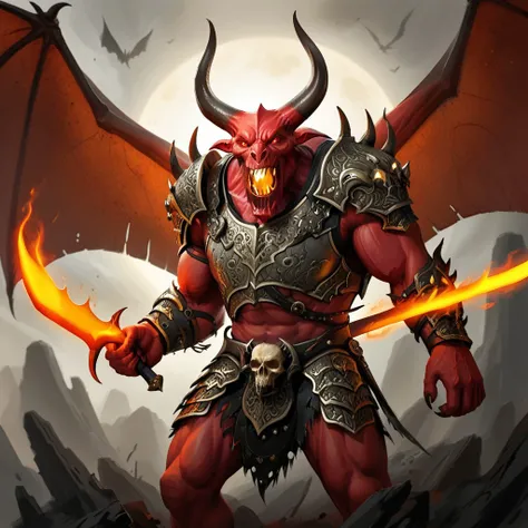 balor, wings, solo, horns, fire, armor, demon, weapon, no humans, red skin, 1boy This image is a highly detailed digital painting of a fantastical, demonic figure. The creature, a demonic warrior, stands in a powerful, dynamic pose, with a menacing express...