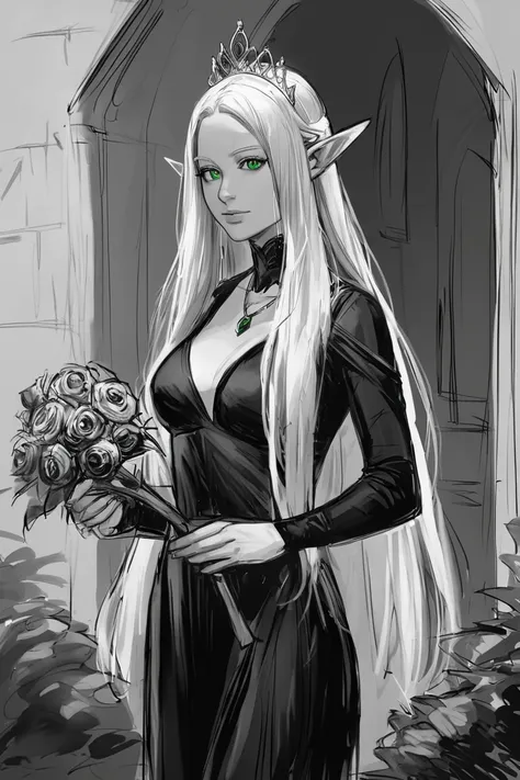 score_9, score_8_up, score_7_up, rating_safe, sketch, monochrome, greyscale, 1girl, solo, elf, pointy ears, breasts, long hair, very long hair, white hair, green eyes, portrait, looking at viewer, black dress, tiara, silver tiara, holding, holding flower, ...