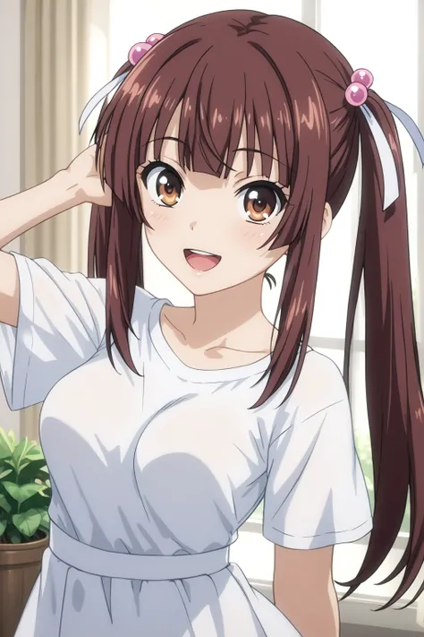 score_9, score_8_up, score_7_up, BREAK source_anime, masterpiece, anime screencap, shiny skin, 
1girl, solo,  sonken chuubou, brown hair, twin tails, brown eyes, hair ornament, medium breasts, hair ribbon, <lora:sonken(shin)_pony:1>
smile, open mouth,