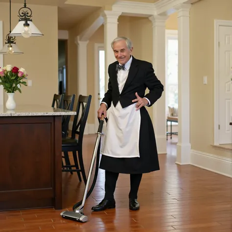 DSLR photo of Ron Paul dressed as a french maid. He is vacuuming the floor inside a modern house.  No text visible.  <lora:Ron Paul FLUX:0.8>