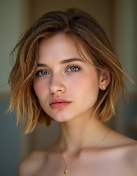 generate 8k realistic photo portrait of a half-body young woman 30 years old with short messy light brown bob hairstyles with hi...