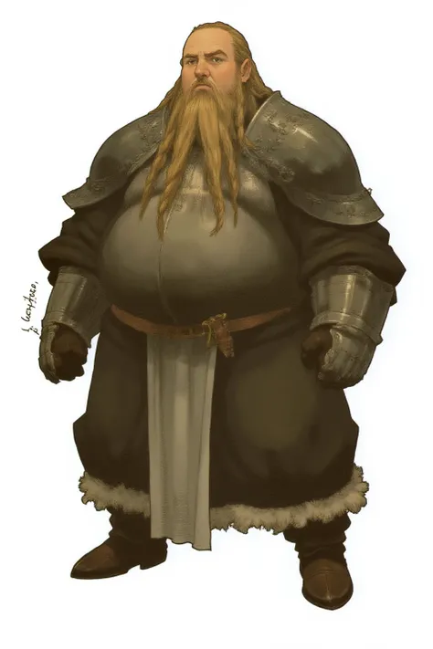 full body medieval fantasy character of a fat plus-size male short dwarf, Gnome, Halfling, 1boy, young, kid, teenage,   simple background, white background,  This is a digital drawing of a large, imposing, muscular, and short dwarf warrior,  The character ...