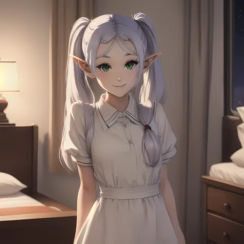 <lora:frieren-000010:0.9>
frieren,elf,twintails,white hair,green eyes,parted bangs,eyebows,maid outfit,masterpiece,best quality,ultra-detailed,night,smile,(1girl:1.1),bedroom,small breasts,upper body,