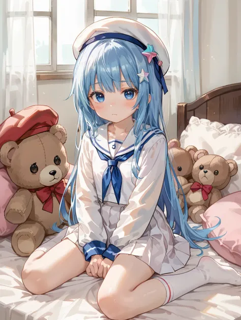 score_9, score_8_up, score_7_up,source_anime,
1girl, flat chest, tiny tits, long hair, solo, between legs, sitting, blue eyes, stuffed toy, white socks, stuffed animal, skirt, bangs, kafuu chino, socks, blue hair, hat, hair ornament, long sleeves, x hair o...