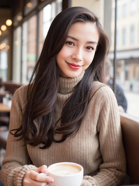 angelababy,
 realistic photo of oliviadunne,  wearing a turtleneck fitted sweater dress, in a cafe having a coffee. looking at the viewer, smiling