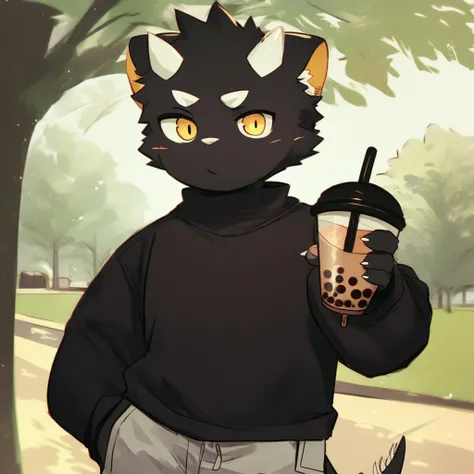 score_9_up, score_8_up, score_7_up, source_furry, mikus-monu__, black dragon, black body, white horns, yellow eyes, park, holding, bubble tea, black sweater, gray shorts, 1boy, solo