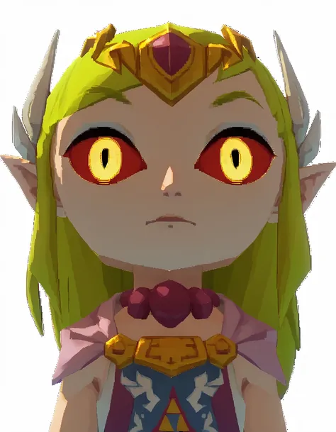 <lora:ToonZelda1.5:1> Malladus, low poly, 1girl, solo, pointy ears, transparent background, tiara, hair ornament, long hair, pink dress, green hair, blonde hair, capelet, tabard, yellow eyes, red sclera, pearl necklace, 3d,, score_9, score_8_up, score_7_up...