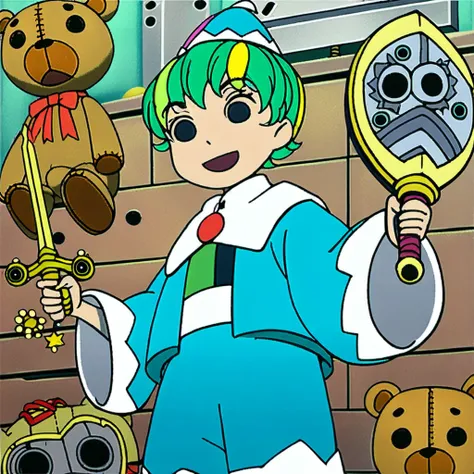 score_9, score_8_up, score_7_up, score_6_up, score_5_up, score_4_up, source_anime BREAK shield, weapon, sword, teddy bear, green hair, solo, holding weapon, smile, hat, open mouth, holding, stuffed toy, stuffed animal, holding sword, 1girl