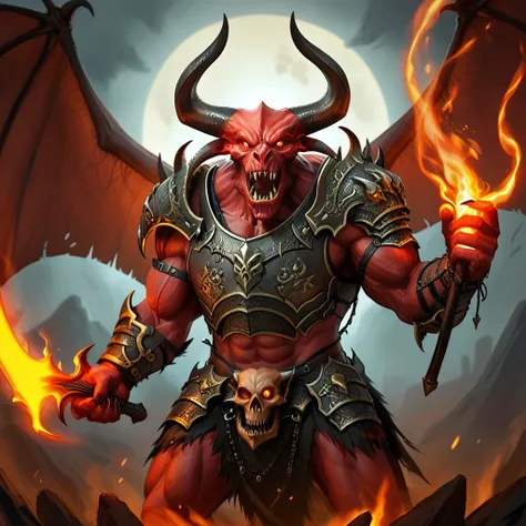 balor, wings, solo, horns, fire, armor, demon, weapon, no humans, red skin, 1boy This image is a highly detailed digital painting of a fantastical, demonic figure. The creature, a demonic warrior, stands in a powerful, dynamic pose, with a menacing express...
