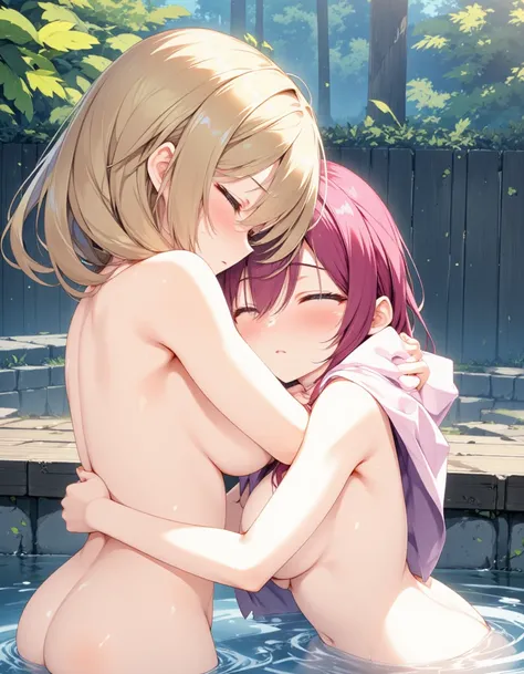 anime style, 2 girl hugging with each other, both only wearing a towl in a hot spring