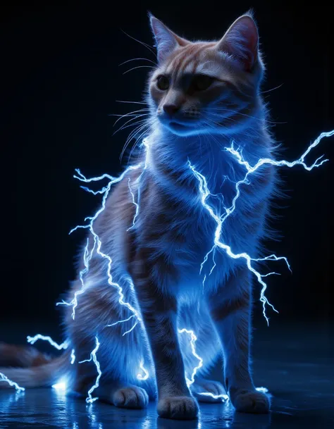 <lora:aura_captioned_flux-000015:1>,Professional studio portrait of a sleek cat with piercing eyes, covered in vibrant, photorealistic electric lightning bolts in shades of blue and white. The electric aura crackles around its body, with sharp tendrils of ...