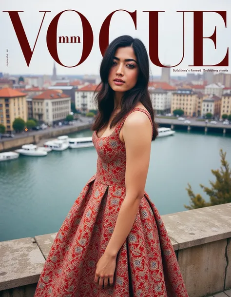 rashimika a woman in a dress on a magazine cover with a city in the background and a river in the foreground <lora:rashmika:1>