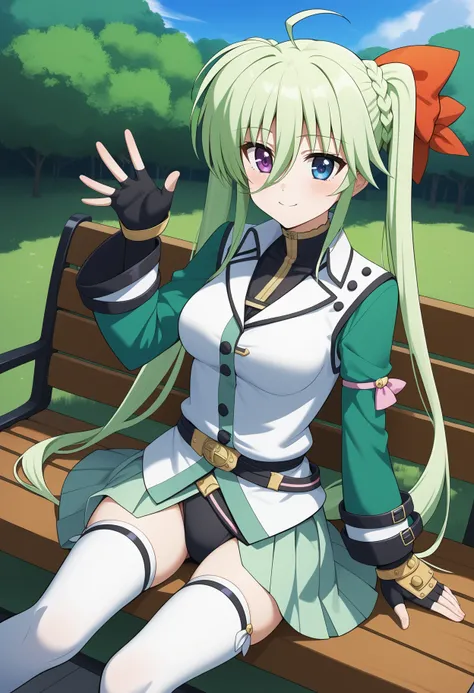 score_9, score_8_up, score_7_up, score_6_up, score_5_up, score_4_up, source_anime, aaeinhard, aged up, long hair, green hair, ahoge, twintails, hair ribbon, heterochromia, medium breasts, green shirt, white vest, long sleeves, fingerless gloves, black glov...