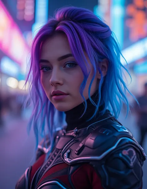 generate 8k realistic photo portrait of a beautiful woman 30 years old with purple and sky blue hair, with futuristic clothes, i...