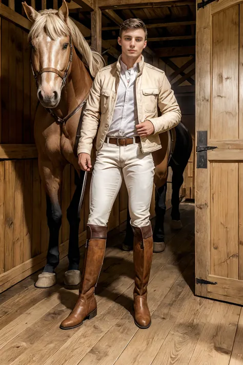 horse stable, straw on the floor, stable doors, standing, MaxBarz wearing white button up shirt, riding jacket, beige riding breeches, leather riding boots, (male focus:1.4) (((full body portrait))), wide angle  <lora:MaxBarz:0.8>