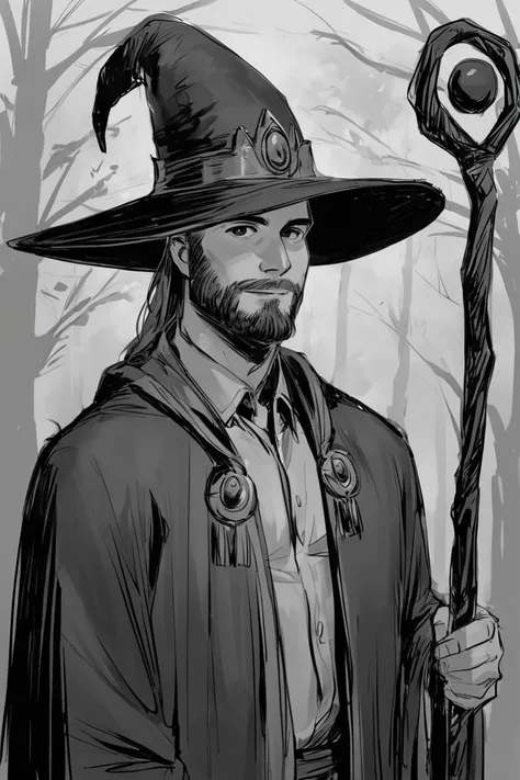 score_9, score_8_up, score_7_up, rating_safe, sketch, monochrome, greyscale, 1boy, solo, male focus, mature male, wizard, long hair, brown hair, black eyes, looking at viewer, hat, facial hair, beard, mustache, staff, wizard hat, purple hat, shirt, collare...