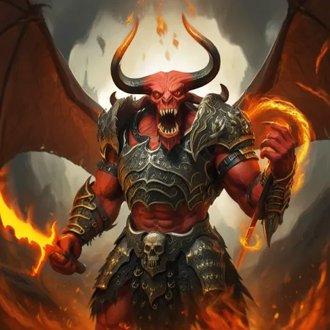 balor, wings, solo, horns, fire, armor, demon, weapon, no humans, red skin, 1boy This image is a highly detailed digital painting of a fantastical, demonic figure. The creature, a demonic warrior, stands in a powerful, dynamic pose, with a menacing express...