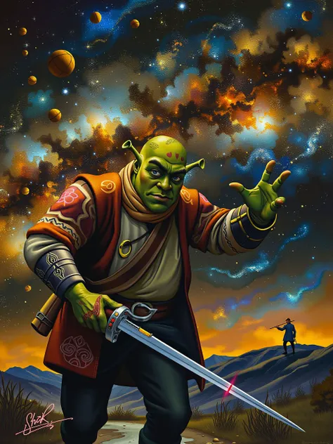 shrek, 
<lora:miniature_art_Style:1> adrr-mntr, traditional media, star (sky)