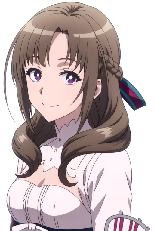 solo, 1girl, looking at viewer, 2D, anime, official style, anime coloring, anime screencap, upper body, (simple background, solid white background:1.3), <lora:mamako-okaasanonline:0.8>, mamako oosuki, long hair, braid, white dress, smile