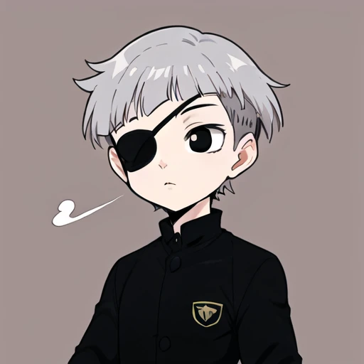 Ogure, black eyes, eyepatch, grey hair, buzz cut, bangs,