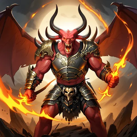 balor, wings, solo, horns, fire, armor, demon, weapon, no humans, red skin, 1boy This image is a highly detailed digital painting of a fantastical, demonic figure. The creature, a demonic warrior, stands in a powerful, dynamic pose, with a menacing express...