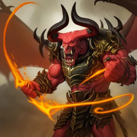 balor, wings, solo, horns, fire, armor, demon, weapon, no humans, red skin, 1boy This image is a highly detailed digital painting of a fantastical, demonic figure. The creature, a demonic warrior, stands in a powerful, dynamic pose, with a menacing express...