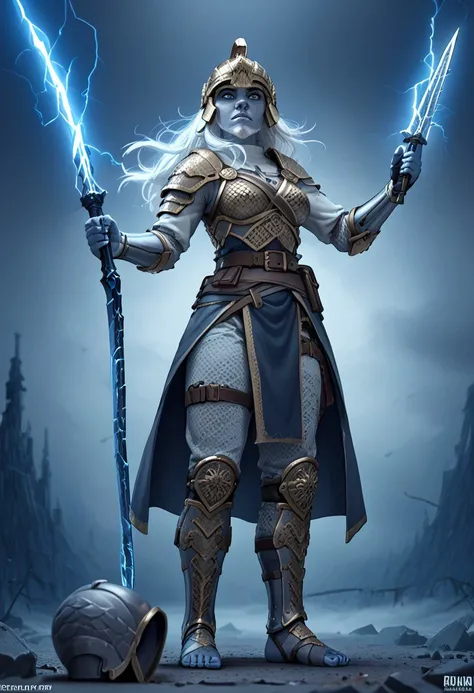 female stormGiant, photo score_9 score_8_up score_7_up action scene, movie stil , 1girl, storm giant, 50 feet tall ,blue skin ,thunderstorm, dramatic, weapon 1girl, focus ,sword facial hair armor colored skin chainmail holding, weapon holding ,electricity ...