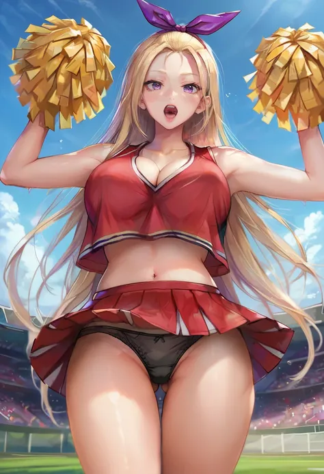 score_9, score_8_up, score_7_up, score_6_up, 1girl, ass visible through thighs, black panties, blonde hair, blue sky, breasts, cheerleader, cleavage, cloud, collarbone, cowboy shot, crop top, crop top overhang, day, forehead, hair ribbon, holding, holding ...