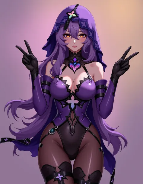 realistic woman swanhonkai is wearing purple outfit with a hoodie and black pantyhose, making victory sign with. The image has cinematic and dynamic composition <lora:swanhonkai:1>