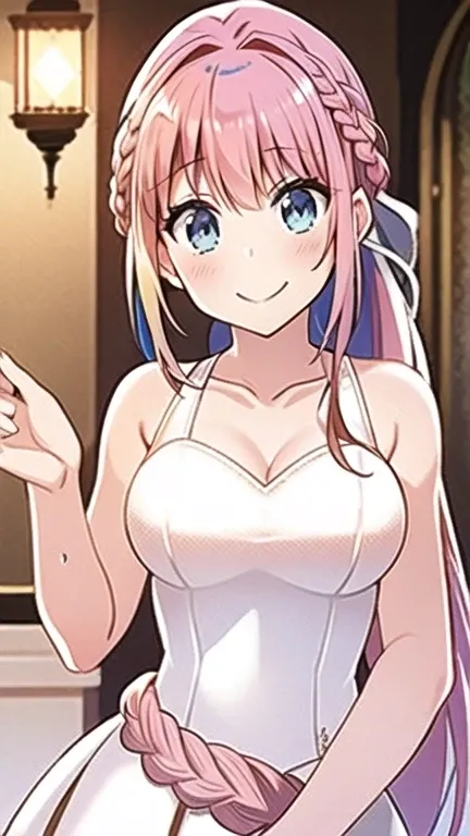 (masterpiece, best quality:1.2), miharu kirisu, 1girl, solo, (pink hair:1.5), (long hair), (ponytail), bangs, (blue eyes:1.5), closed mouth, smile, grin, collarbone, braid, ((french braid)), (eyebrows), shiny hair, (medium breasts), eyebrows visible from h...