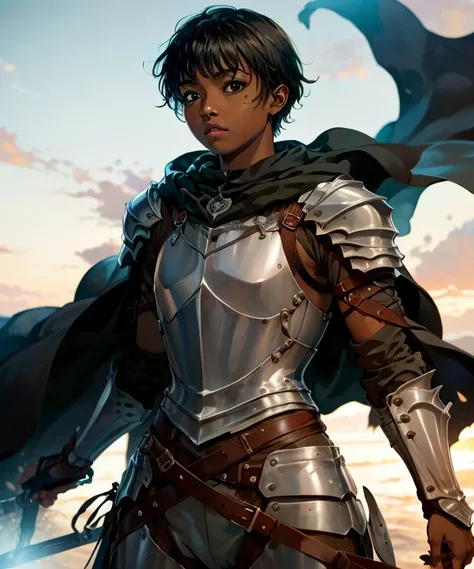 berserk, kentaro miura,
casca (berserk), 1girl,armor,, dark skin, flat chest, breastplate, black eyes, bobcut,black cape, saber,knight,very short hair ,skinny, 
best quality,masterpiece,highly detailed,ultra-detailed,   
 <lora:Berserk:1.2>