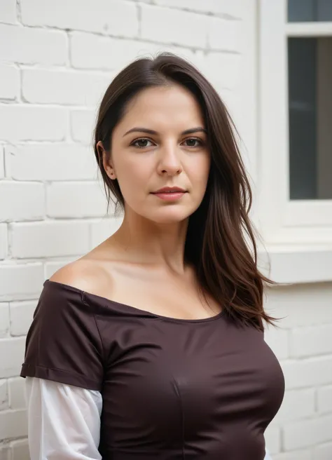 The image is a close-up portrait of a young woman with long, straight brown hair. She is standing in front of a white brick wall with a window on the right side. The woman is facing the camera and is looking directly at the camera with a slight smile on he...