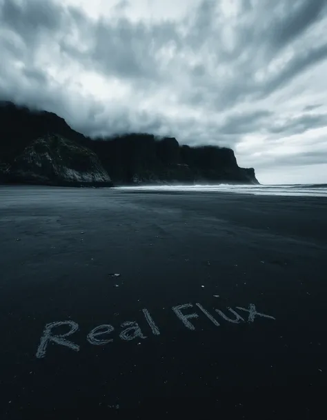 A dramatic shoreline with black sand, where the words "Real Flux" are etched into the sand near the waters edge. In the distance, towering cliffs rise against a cloudy, overcast sky. The scene feels moody and atmospheric, with soft lighting and a natural, ...