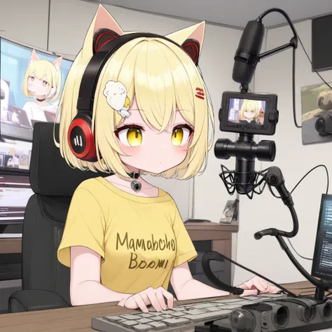 nyana, mamabichos text on shirt, yellow shirt, cat girl, cat ears, blonde hair, big eyes, hair ornament, short hair, red headphones,
indoors, computer, monitors, boom mic, webcam, 
 <lora:NYANA-XL-t2:0.6>