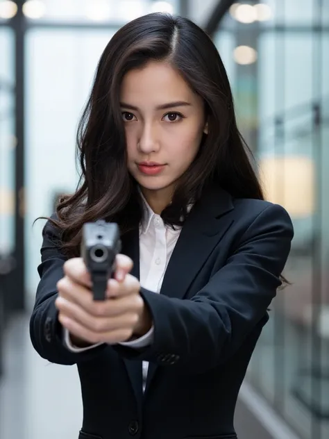 angelababy,
f4nt4st1c, a young woman with shoulder-length dark hair, dressed in a sleek black suit, stands confidently in a modern office building, her handgun drawn and aimed at a group of intruders, the atmosphere charged with tension as she prepares to ...