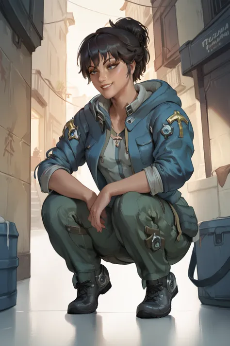 score_9, score_8_up, score_7_up, masterpiece, high quality, BREAK
 <lora:TFD ReinaPonyLora:1>reina, short hair, bangs, hair bun, cargo pants, blue hoodie, hood up, in an alley, trashcans, squatting, smile