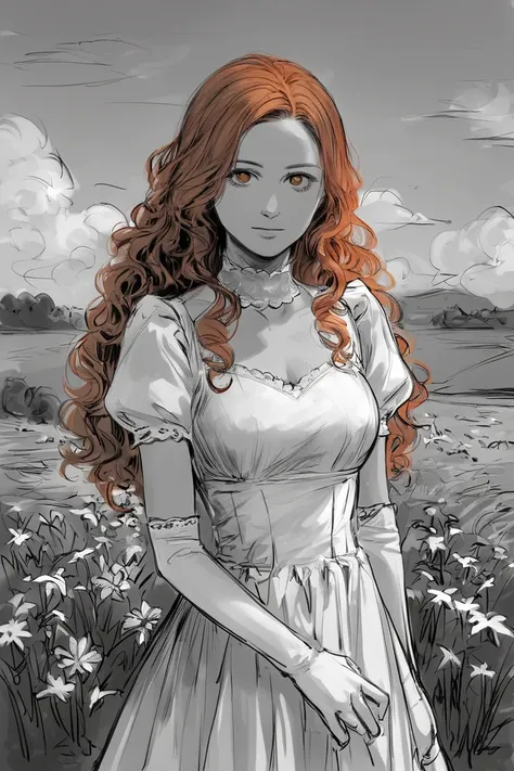 score_9, score_8_up, score_7_up, rating_safe, sketch, monochrome, greyscale, 1girl, solo, long hair, curly hair, wavy hair, orange hair, orange eyes, looking at viewer, breasts, dress, white dress, puffy sleeves, puffy short sleeves, short sleeves, gloves,...