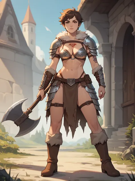 score_9, score_8_up, score_7_up, 1girl, very short hair, looking at viewer, <lora:ellenkpxl:1>, ellenkpxl, brown hair, best quality, masterpiece, skimpy barbarian outfit, bikini armor, fur trim, holding giant axe, full body, fur boots, cleavage, tattoo,