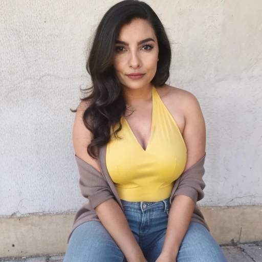 A 30 year old mexican woman wearing yellow halter top,sheer long cardigan, grey flared jeans, *betterfashion*, professional photo, Sitting on edge pose, perfect hands,(large breast),<lora:BetterFashion_Casual-000007:0.85> <lora:breastsizeslideroffset:0.15>...