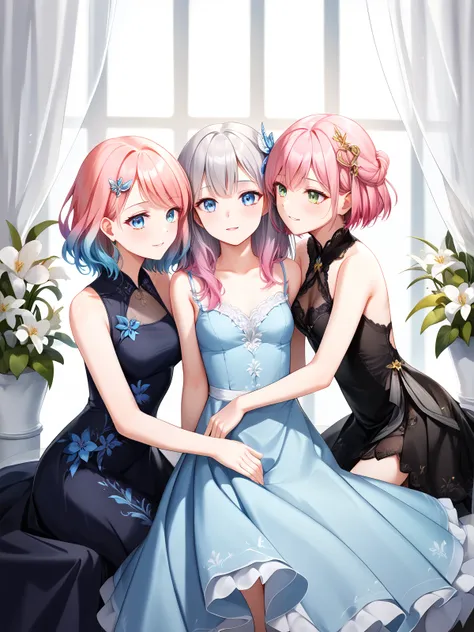 3girls, Black dress, best quality, masterpiece, Gradient hair, Gradient dress, Hair ornament, Score_8_up, Silver gradient hair, Short hair, Yuri, Blue skirt, pink hair, Beautiful dress, <lora:3girls-hentai:0.7>, inocent3g