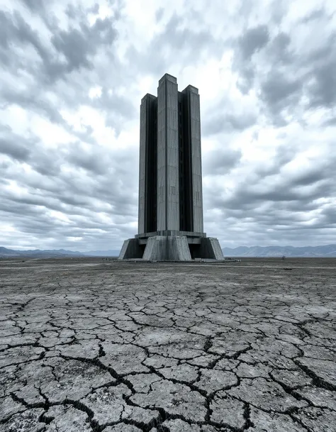 A towering monolithic concrete building stands alone in a desolate, barren landscape. Its sharp, brutalist design contrasts with the empty surroundings, where cracked ground stretches toward distant mountains. The sky is overcast, with heavy clouds casting...