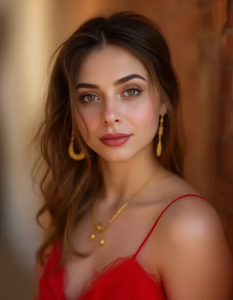 Generate 8k realistic photo portrait of a half-body young woman 30 years old, no makeup, in red evening dress, gold jewelry. In the style of Brandon Woelfel photography. 45 degrees from the camera. 85mm f1.4