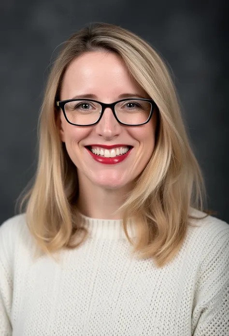 A professional portrait photo of alenabuyx, a woman. She has medium long blond hair. She is smiling, showing her teeth. She is red lipstick and glasses. She is wearing a white knit sweater. The background is blurry and shows a dark gray photo studio canvas...