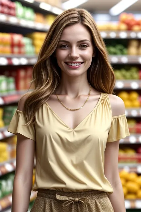 European woman, closeup, (shirt), pants, (grocery store), gold necklace , smiling , ZM_ioana, wide shoulders, perfect face, (contact iris: 1.1), pale skin, skin pores , depth of field