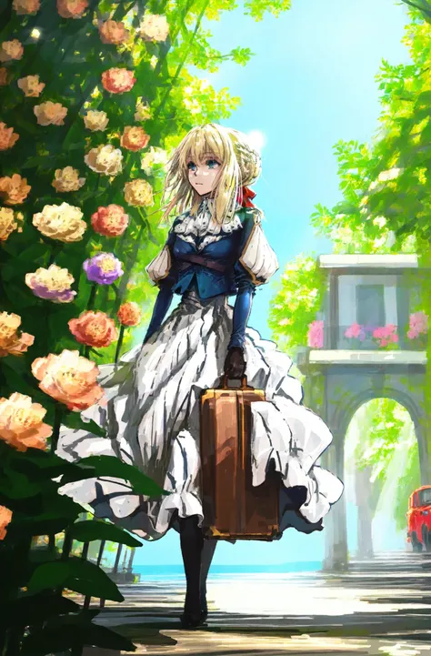 masterpiece, best quality, illustration, koromoya, suitcase, violet evergarden, 1girl, solo, blonde hair, holding suitcase, flower, blue eyes, dress, blue jacket, ribbon, gloves, red ribbon, hair ribbon, jacket, braid, white dress, jewelry, long sleeves, h...